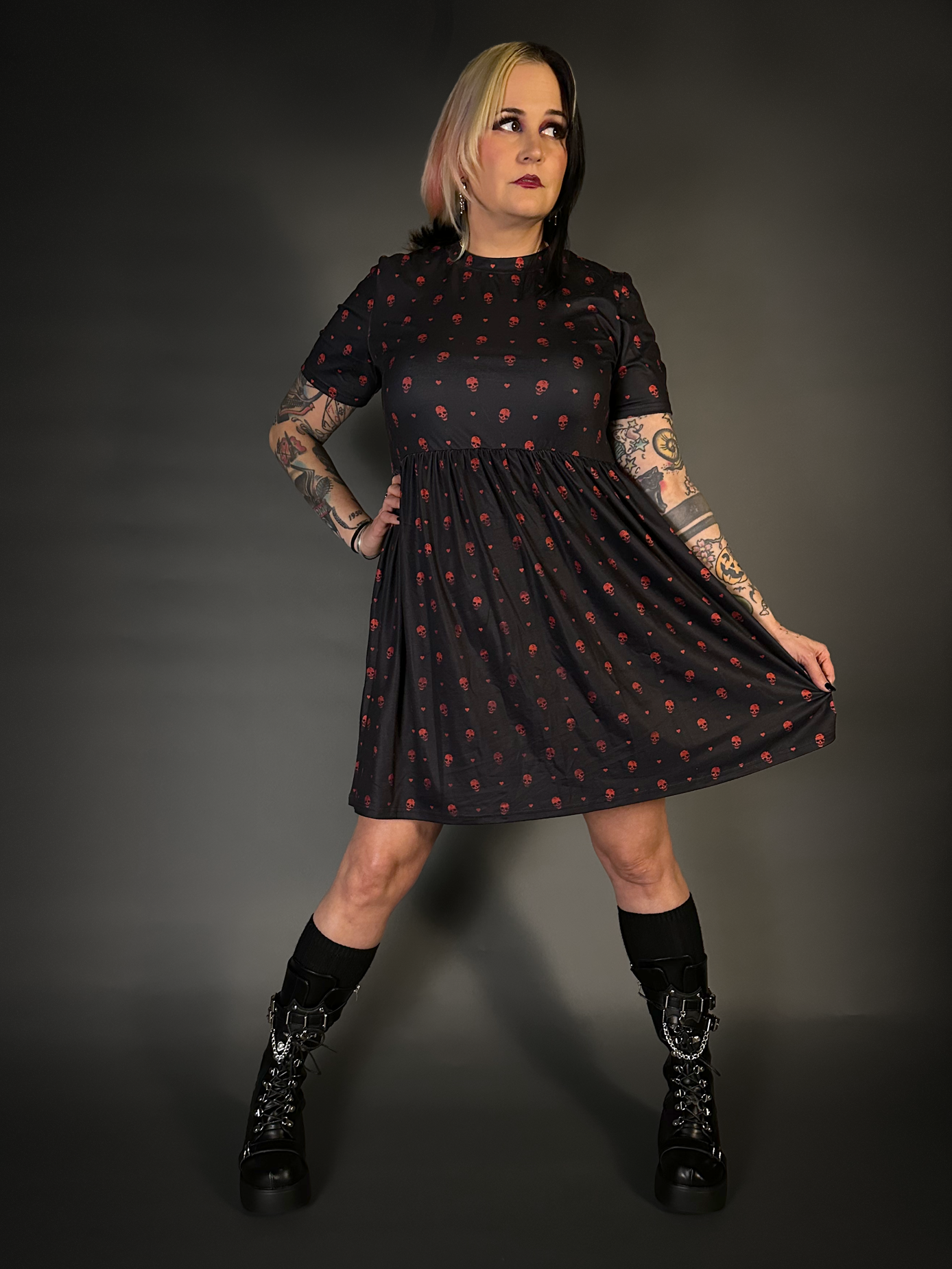 Tommyrot "Hearts and Skulls" Short Sleeve Stretch Skater Dress