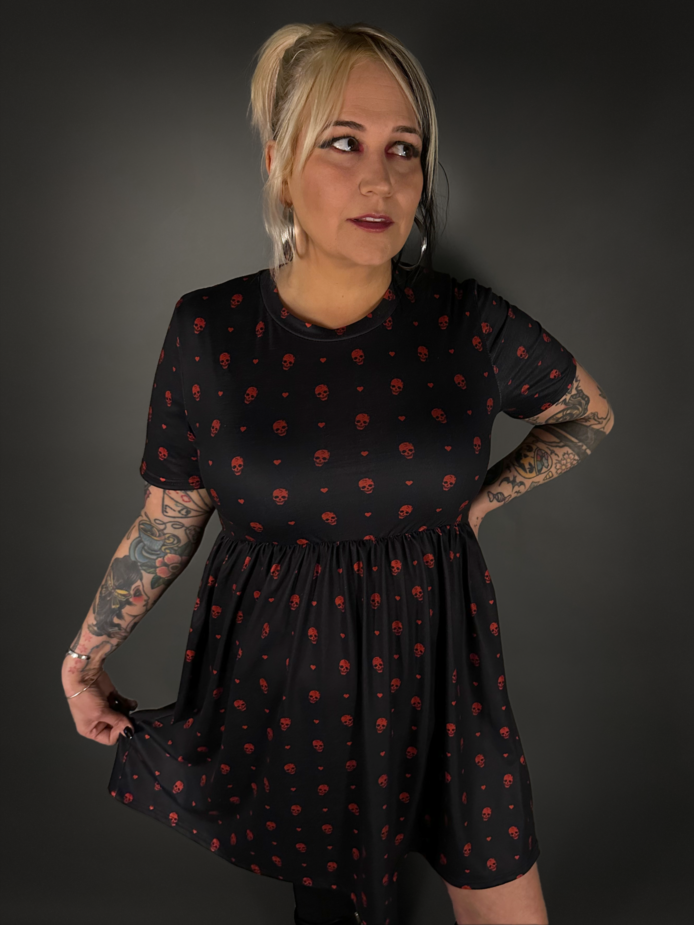 black dress with red hearts Tommyrot Hearts & Skulls Short Sleeve Stretch Skater Dress S (fits S/M) / Black & Red