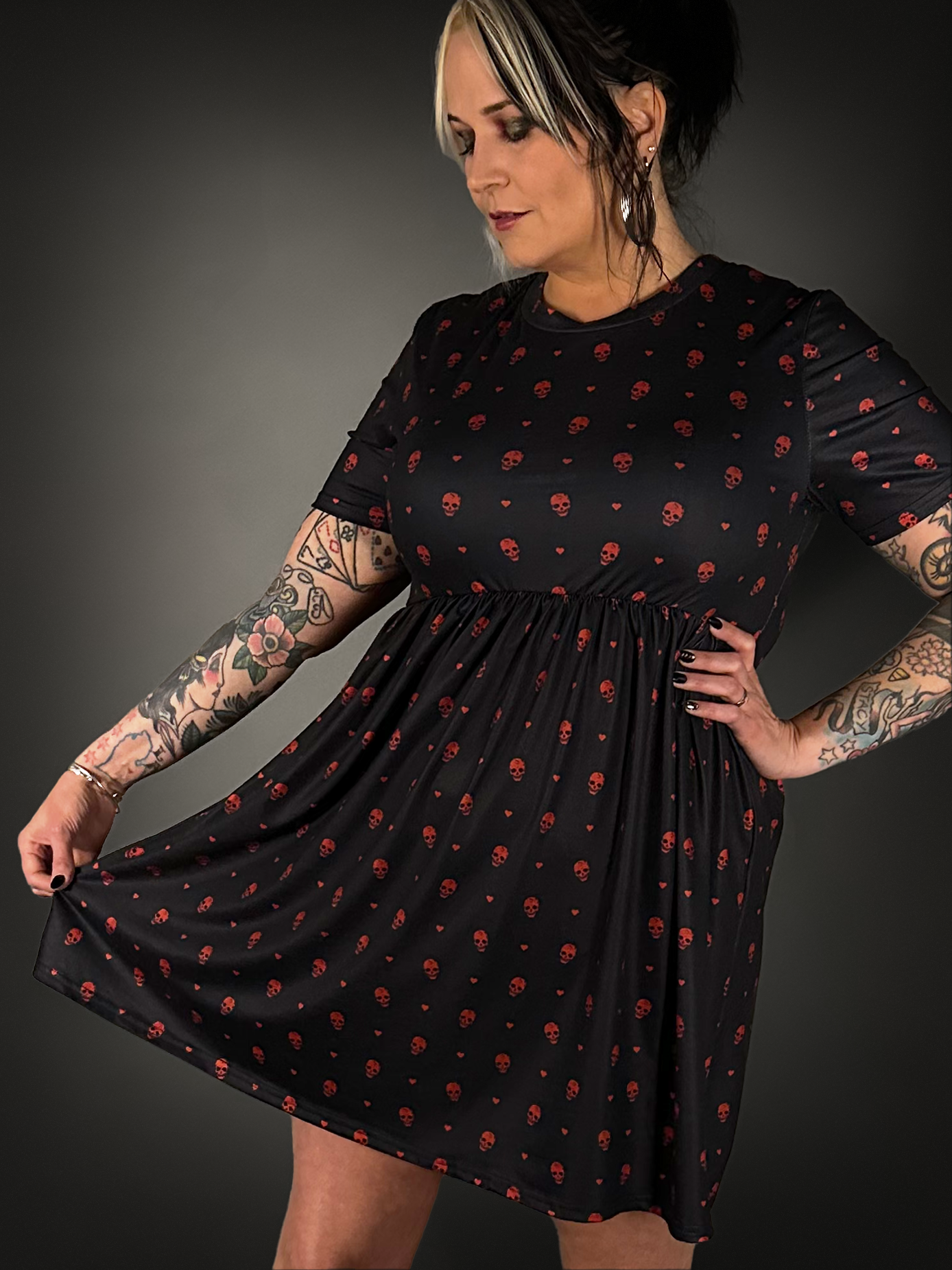 Tommyrot "Hearts and Skulls" Short Sleeve Stretch Skater Dress