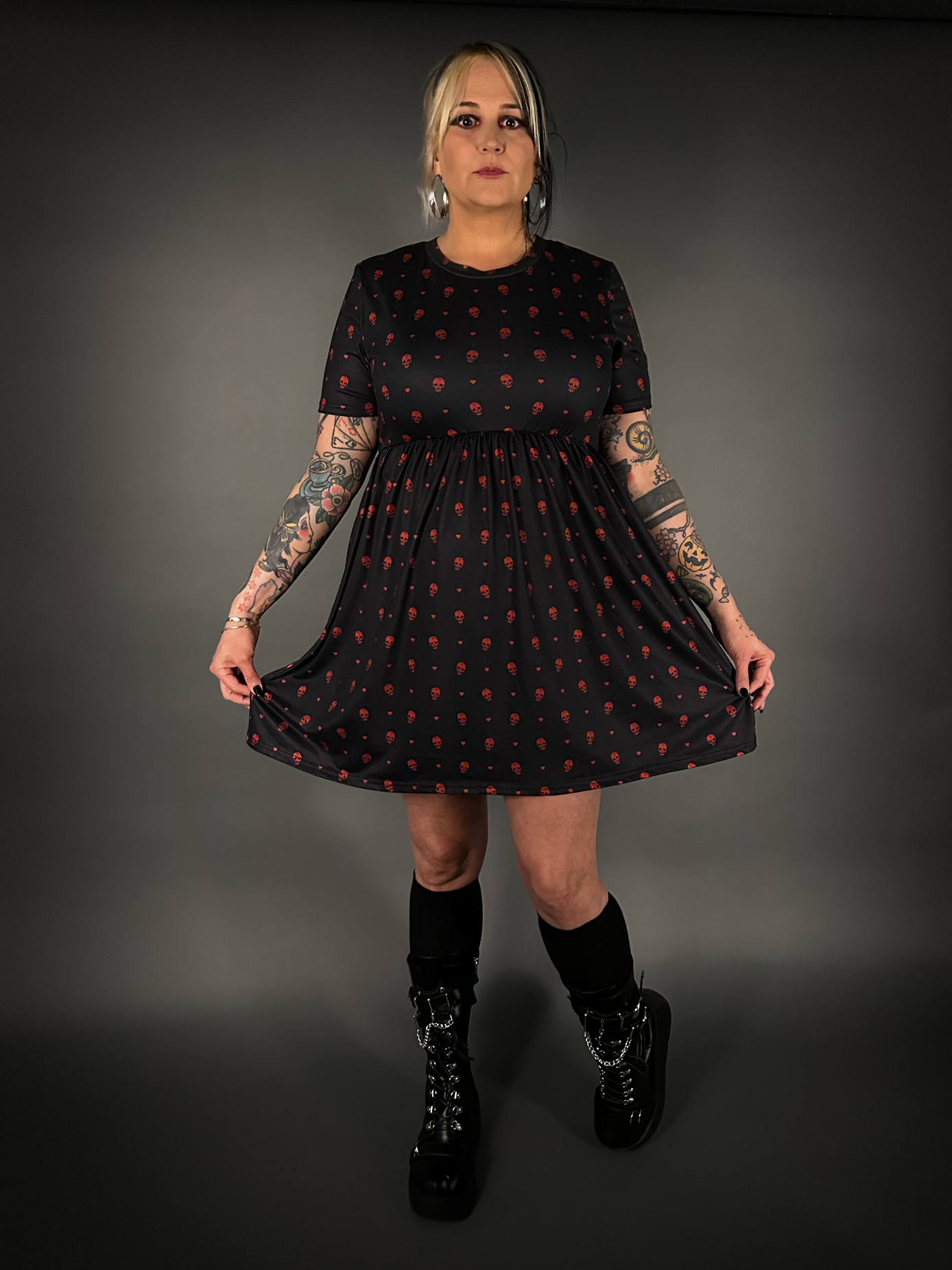 Tommyrot "Hearts and Skulls" Short Sleeve Stretch Skater Dress