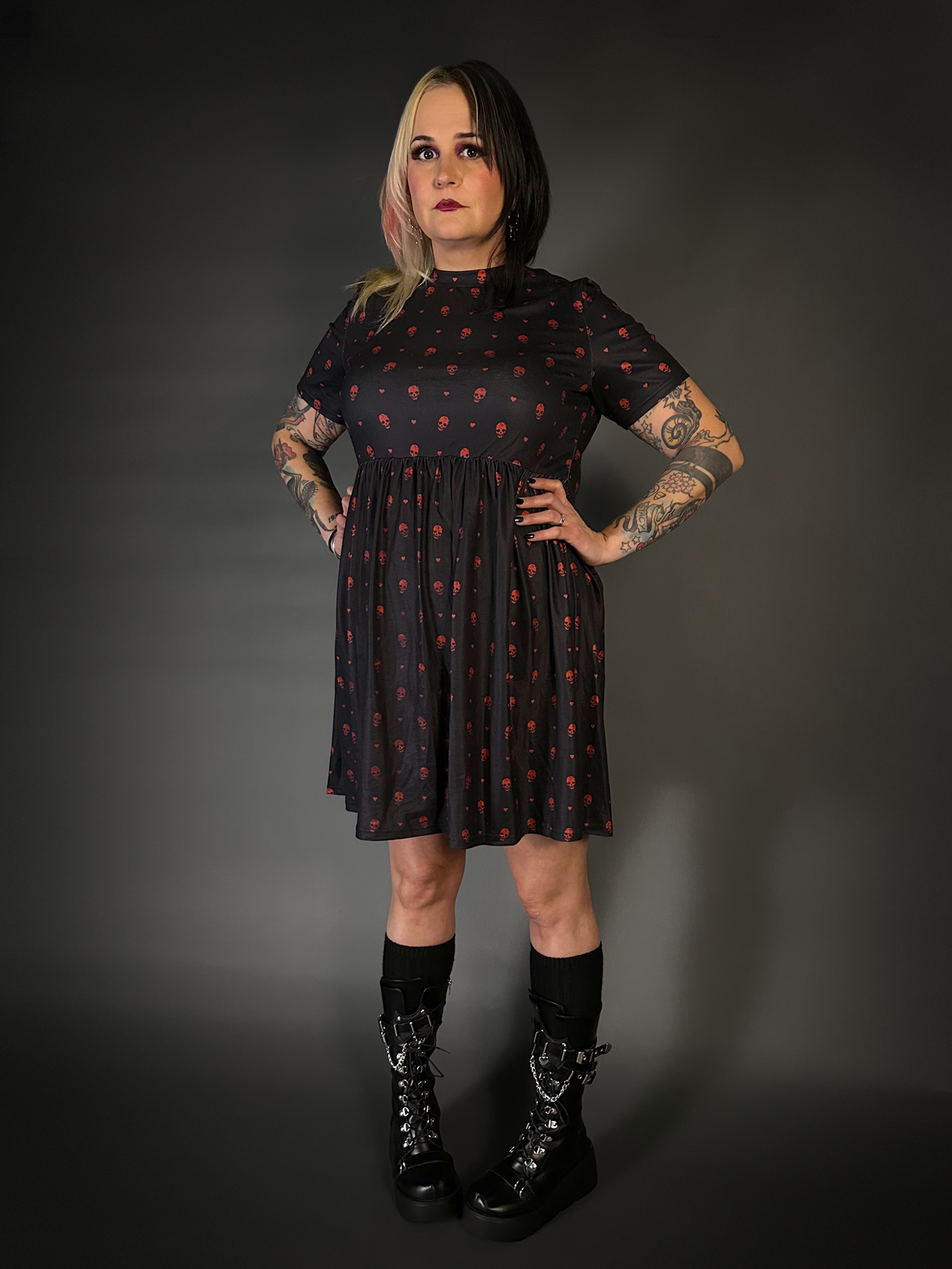 Tommyrot "Hearts and Skulls" Short Sleeve Stretch Skater Dress