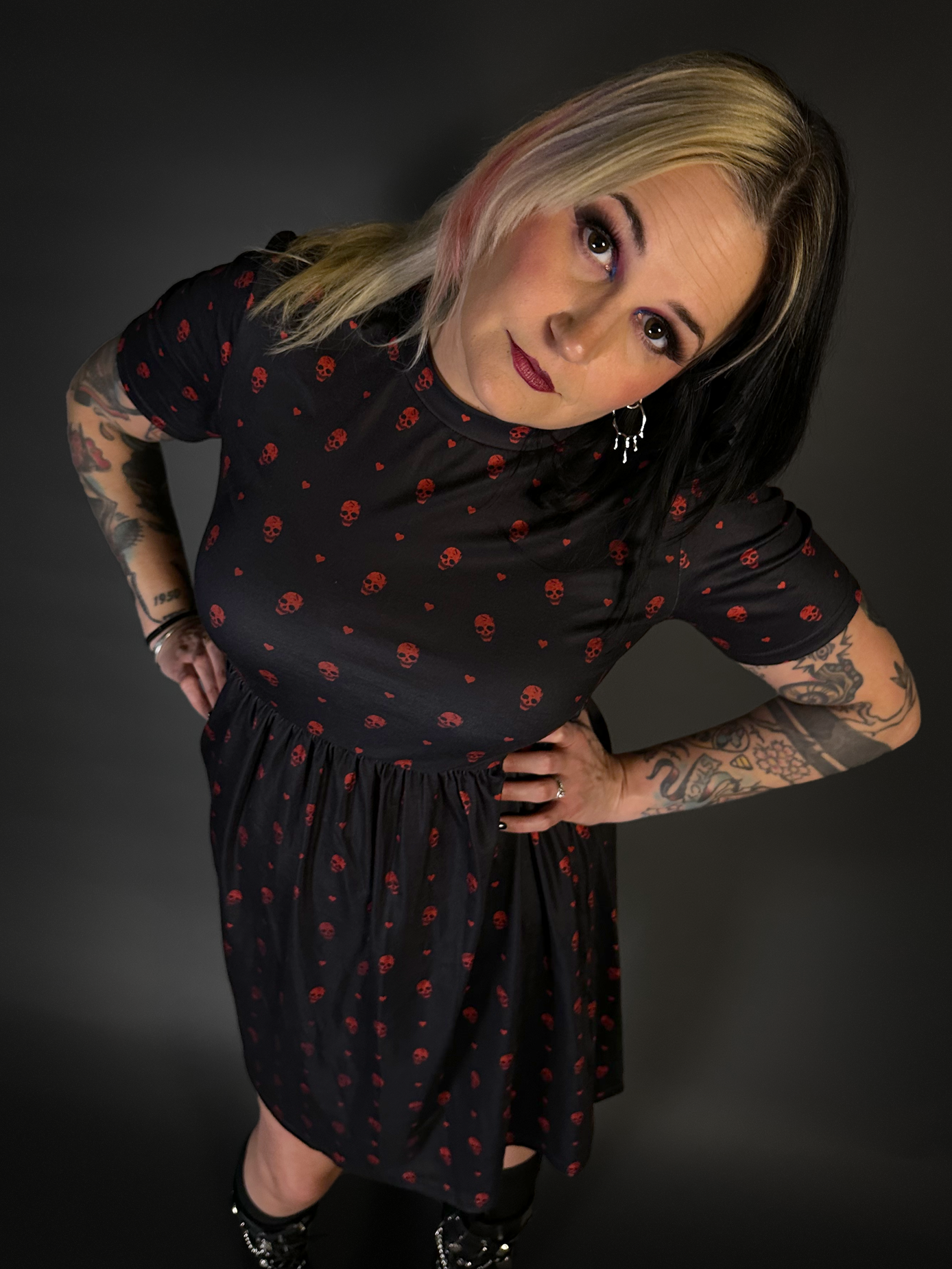 Tommyrot "Hearts and Skulls" Short Sleeve Stretch Skater Dress