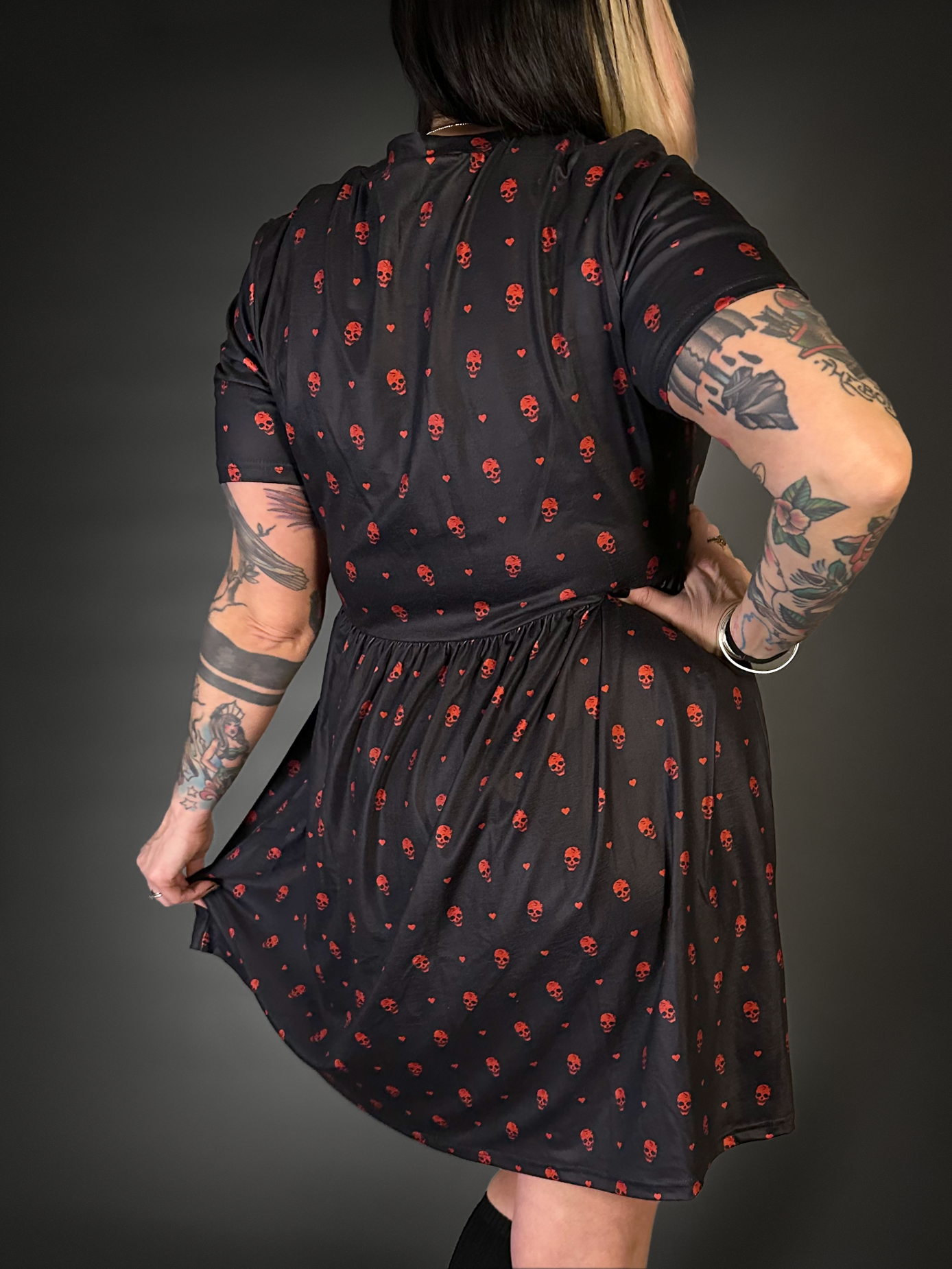 Tommyrot "Hearts and Skulls" Short Sleeve Stretch Skater Dress