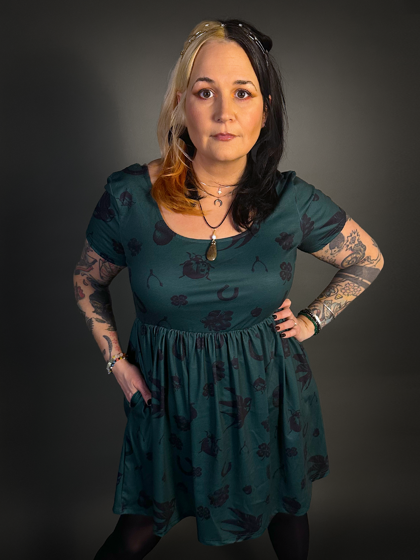 Tommyrot Lady Luck Short Sleeve Stretch Skater Dress with Pockets in Green M / Emerald Green & Black