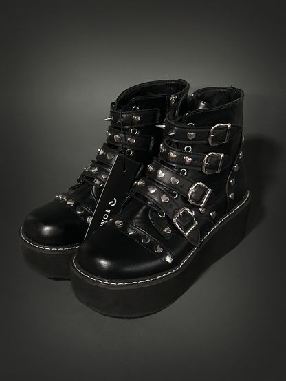 Tommyrot "Lola" Heart Studded Platform Ankle Combat Boots with Buckles