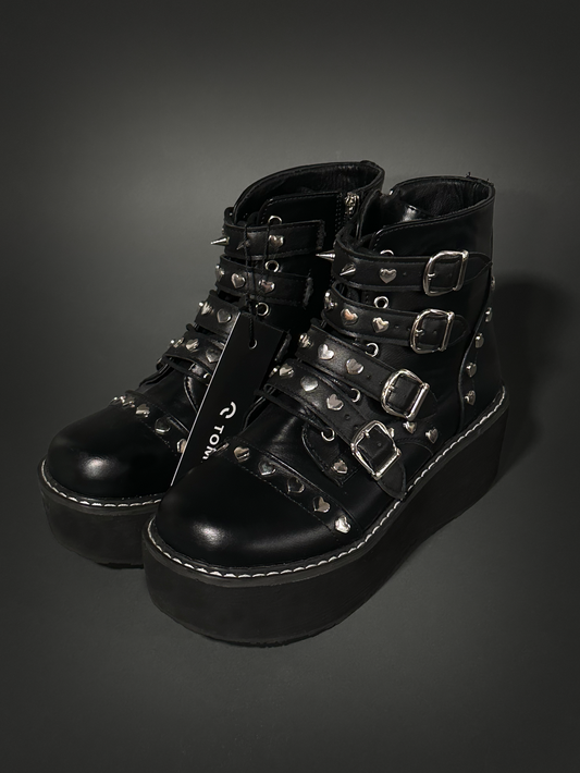 Tommyrot "Lola" Heart Studded Platform Ankle Combat Boots with Buckles