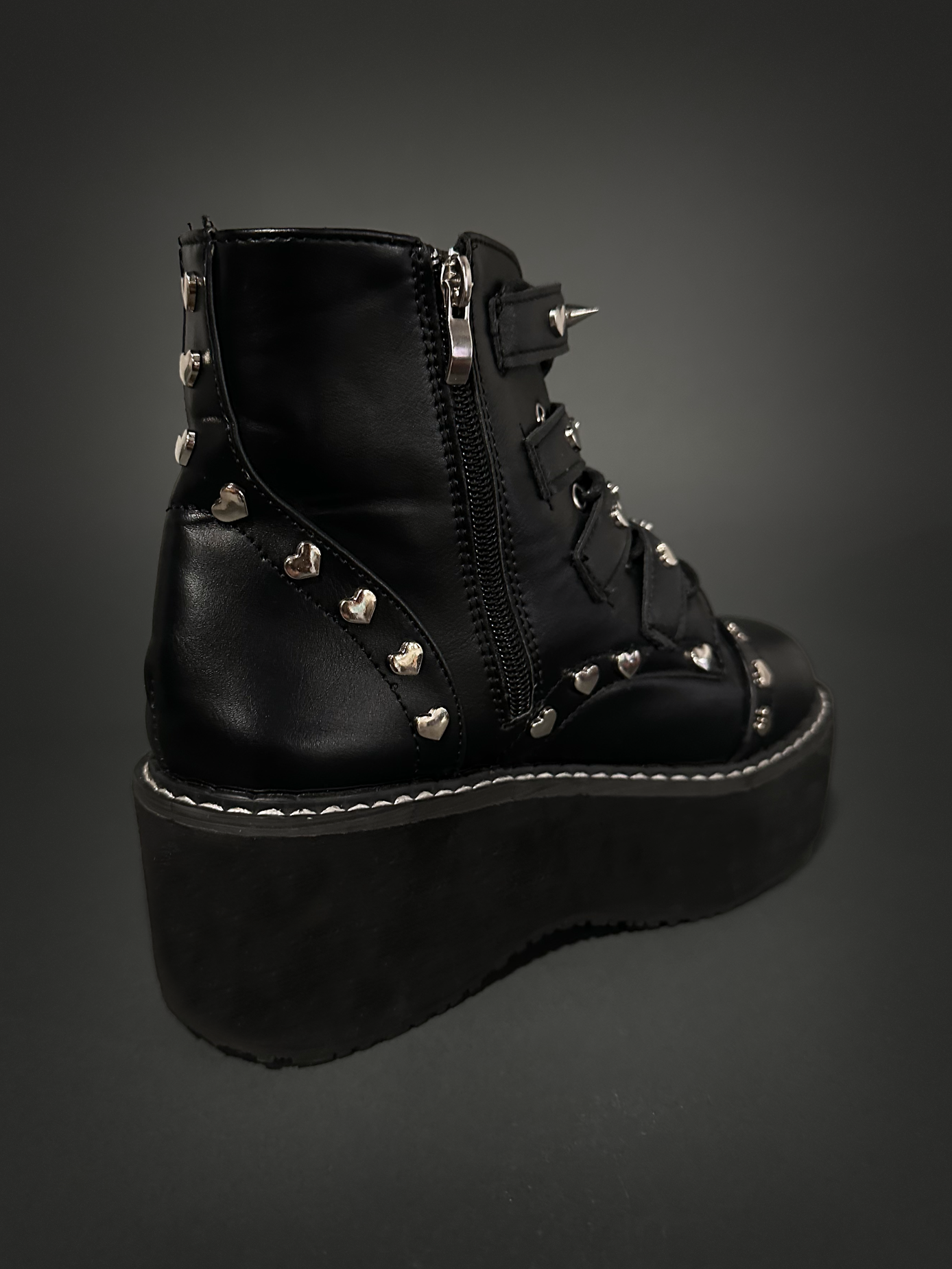 Tommyrot "Lola" Heart Studded Platform Ankle Combat Boots with Buckles