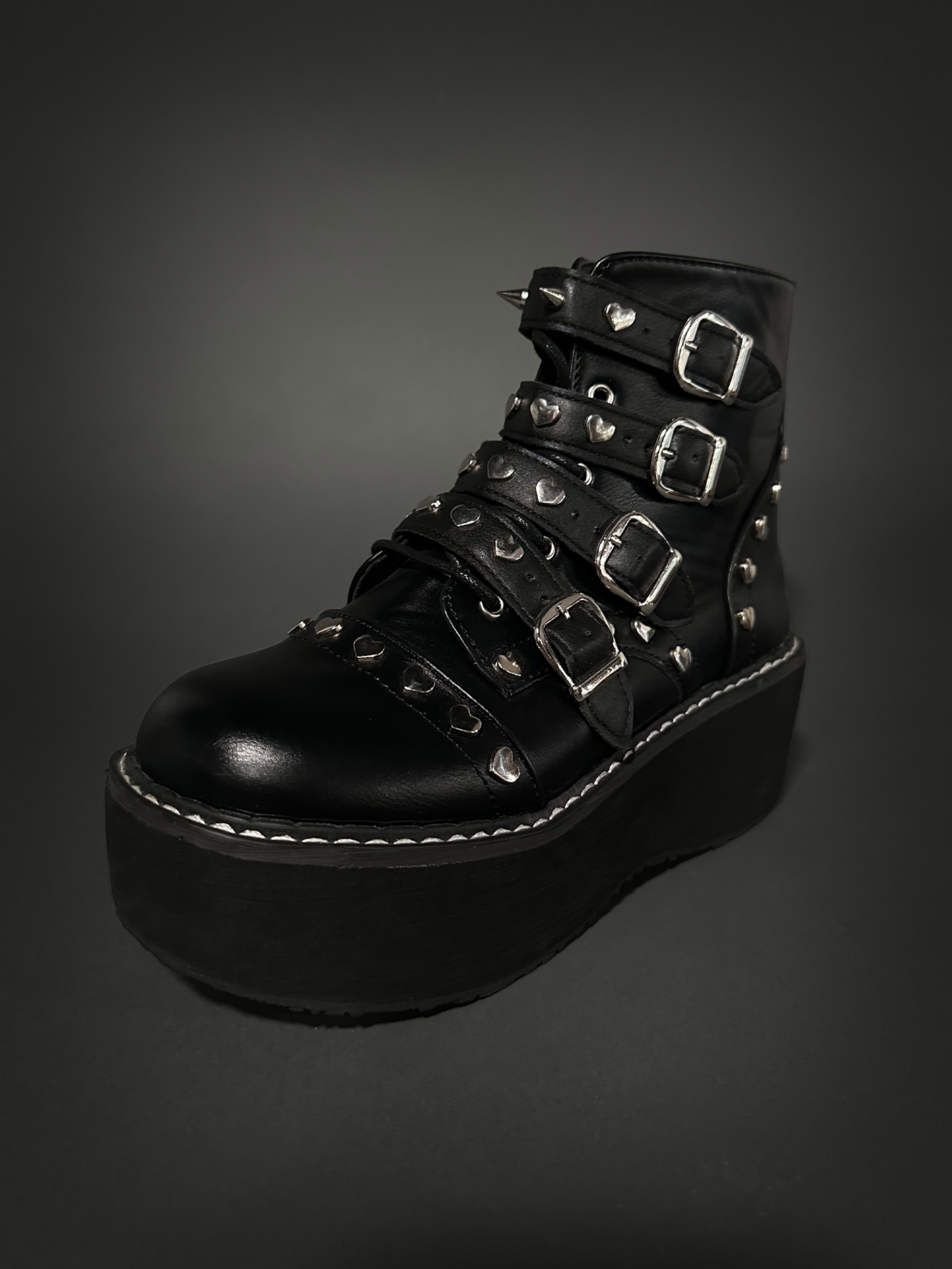 Tommyrot "Lola" Heart Studded Platform Ankle Combat Boots with Buckles