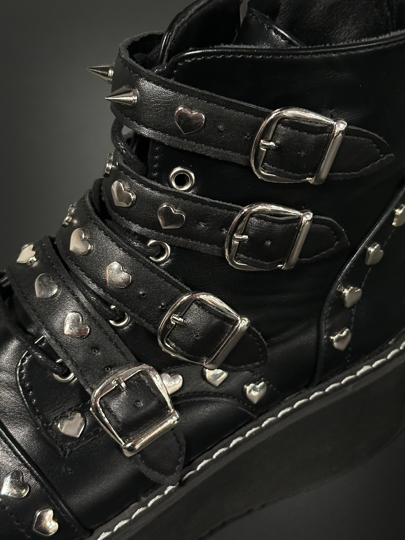 Tommyrot "Lola" Heart Studded Platform Ankle Combat Boots with Buckles