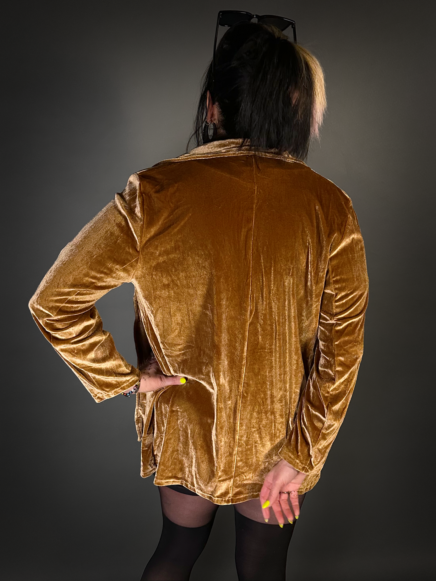 Vintage Style Long Velvet Indie Style Blazer Jacket in Ginger Brown