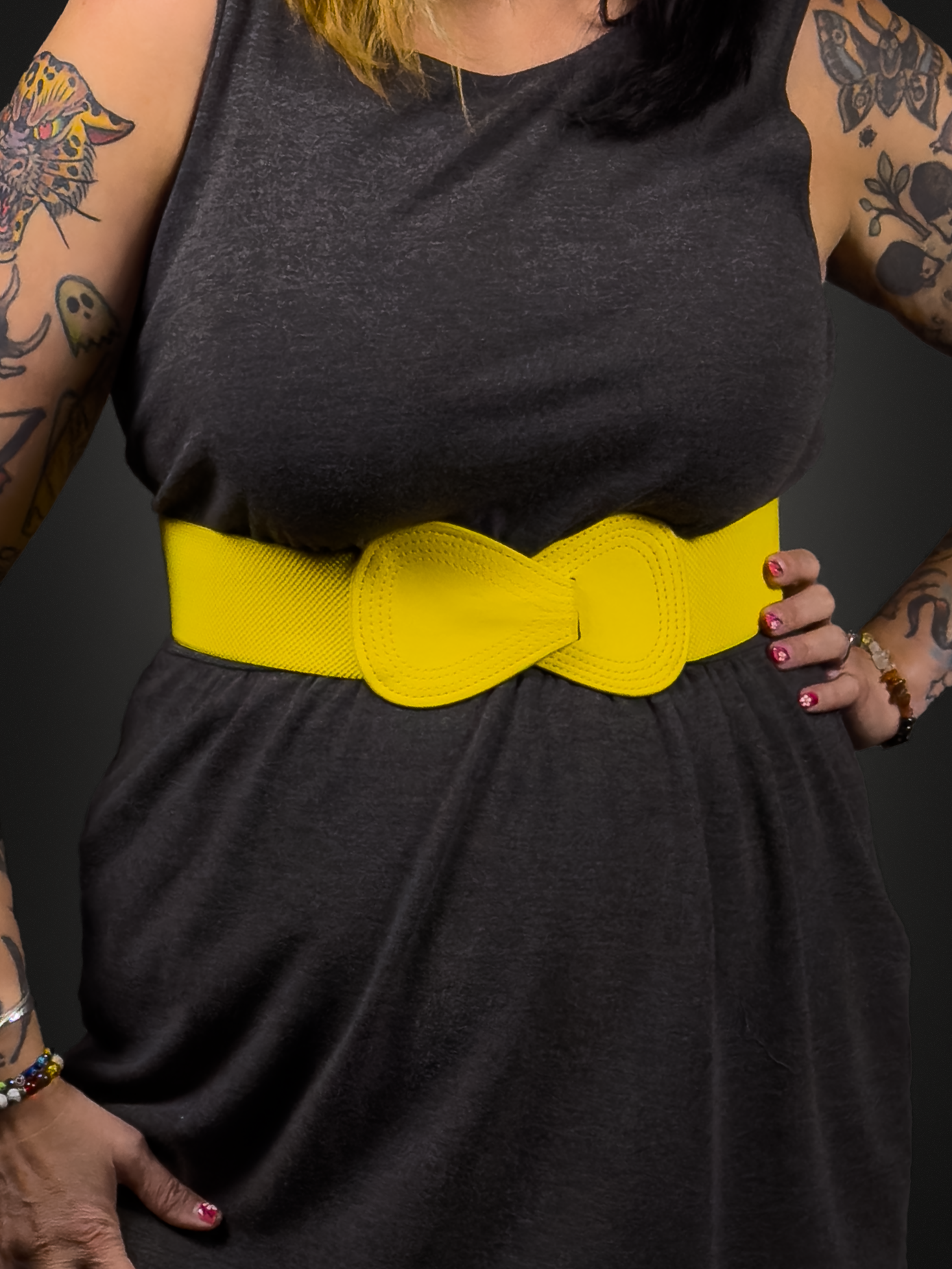 Wide Bow Buckle Belt Vegan Leather with Elastic Band In Yellow